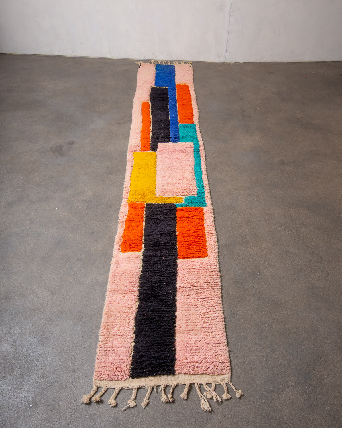 Modern, designer, handcrafted Berber runner rug from Morocco. Vintage carpet with beautiful colours and patterns and fluffy texture.